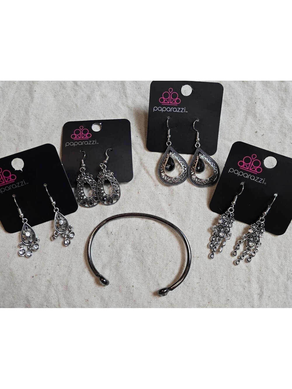 Paparazzi Earrings Lot 4 Pairs Silver Tone Dangles + Open Cuff Bracelet